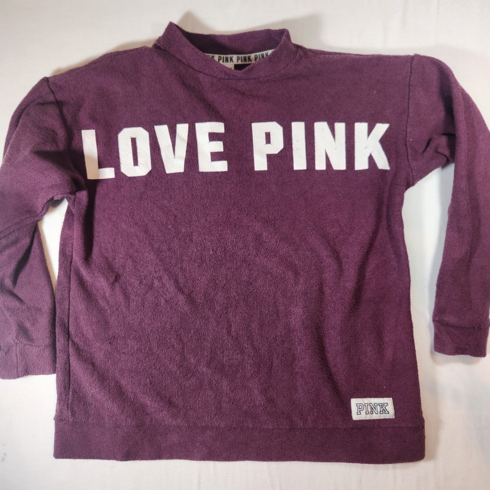 Victorias Secret PINK Mock Neck Sweatshirt Plum Purple Love Pink Graphic XS